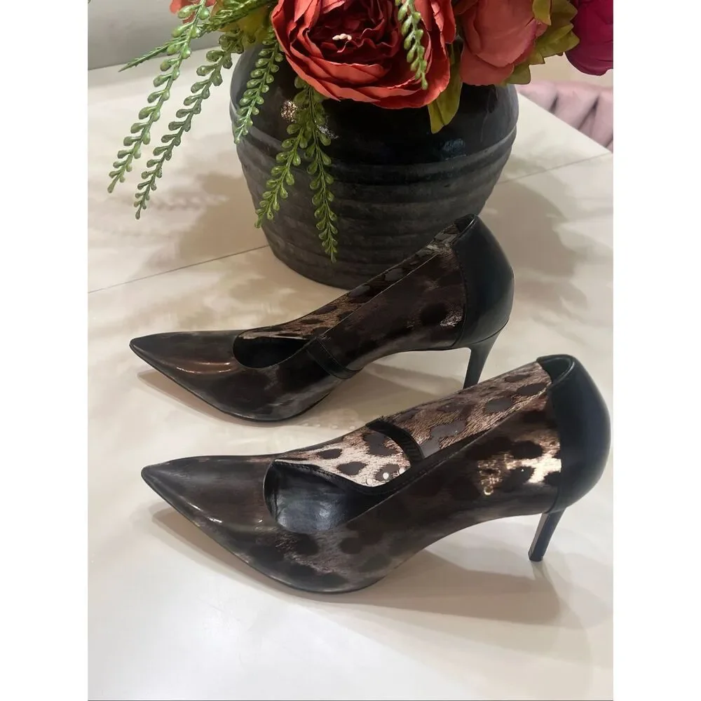 Vince Camuto Women's Anessta Leopard Print Pointed Toe Heels Pump Black 7.5 NIB